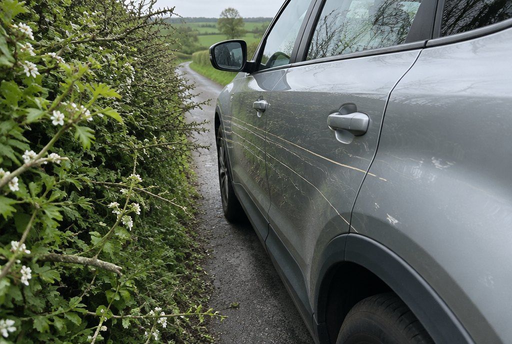 Illustration: a car squeezing past a hedge on a narrow country lane