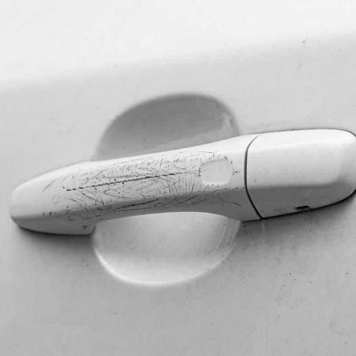 The seller's photo: door handle area with fine scratches, before