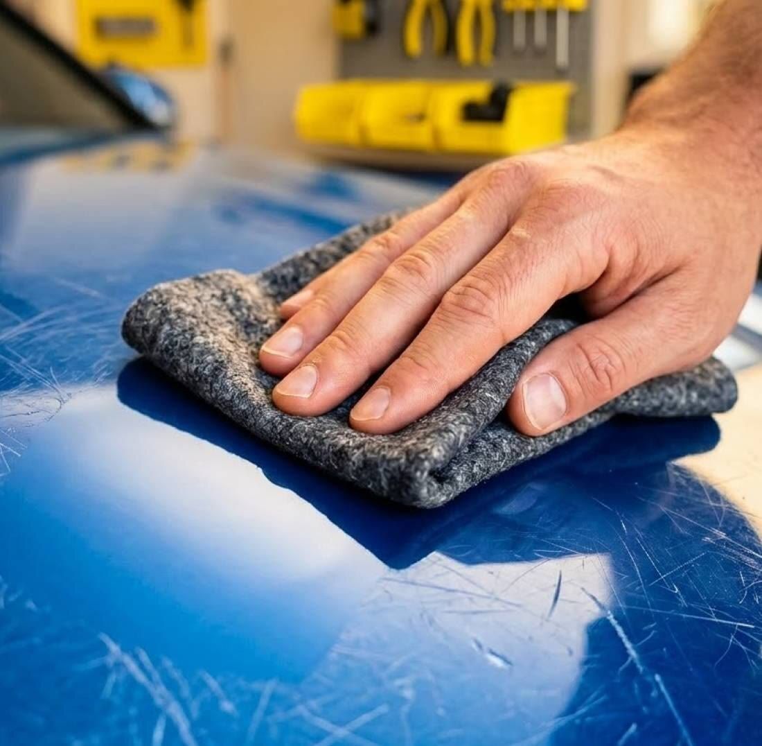 Hand rubbing the grey NanoPolix cloth over scratched blue car paint